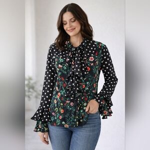 Gracia Mix Black Floral Polka Dots Ruffle Trim Long Sleeves Blouse Large